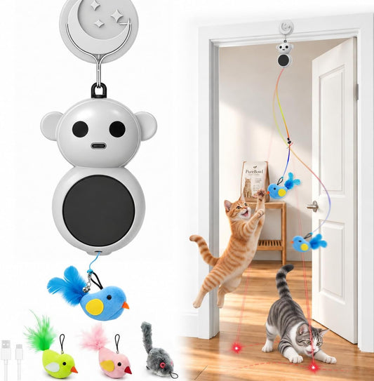 Interactive Cat Toys for Indoor Cats: 2-In-1 Laser Pointer Cat Toy with Automatic Flying Bird & Mouse Wand, Adjustable Speed USB Rechargeable Doorway Hanging Toy for Bored Kittens and Adult Cats
