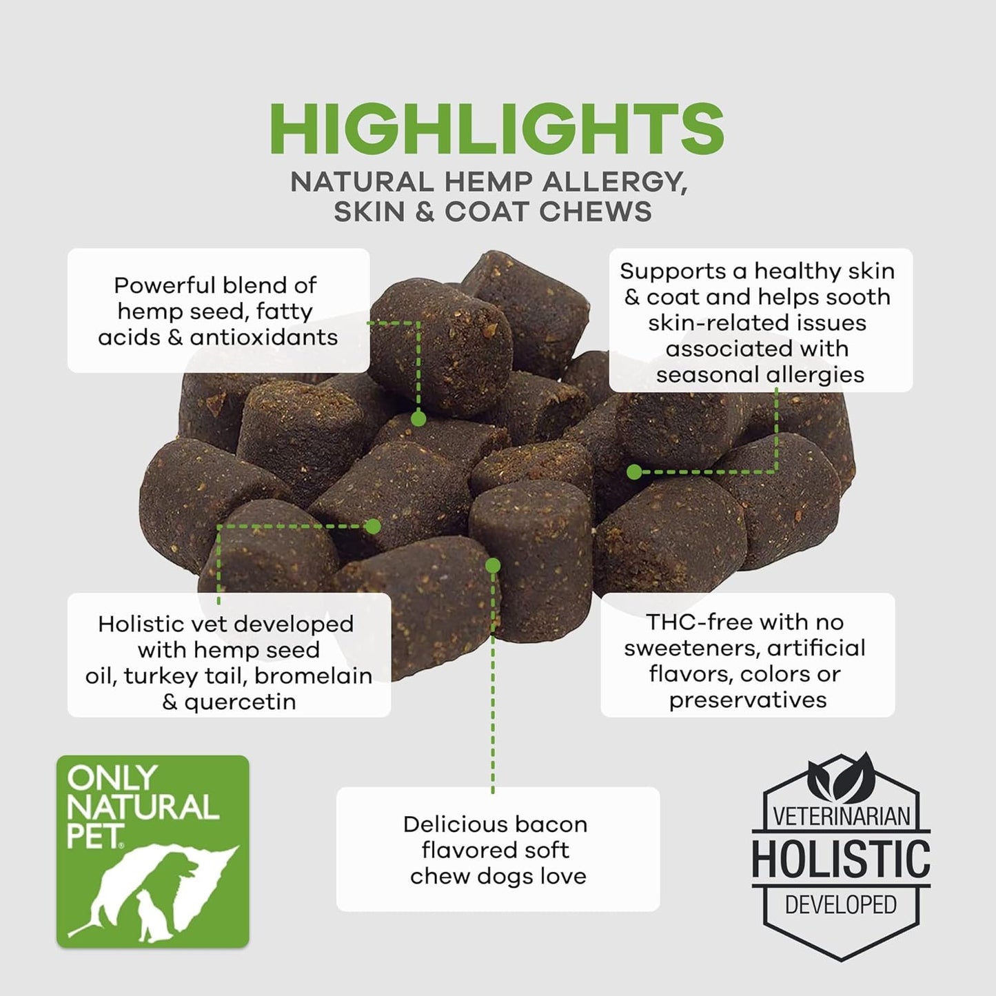 Only Natural Pet Allergy, Skin & Coat Hemp Soft Chews - Allergy Immune Bites for Dogs, Omega 3 Supplement, Calming Treats for Itchy Skin Relief, Hot Spot - (120 Count) (Al.)