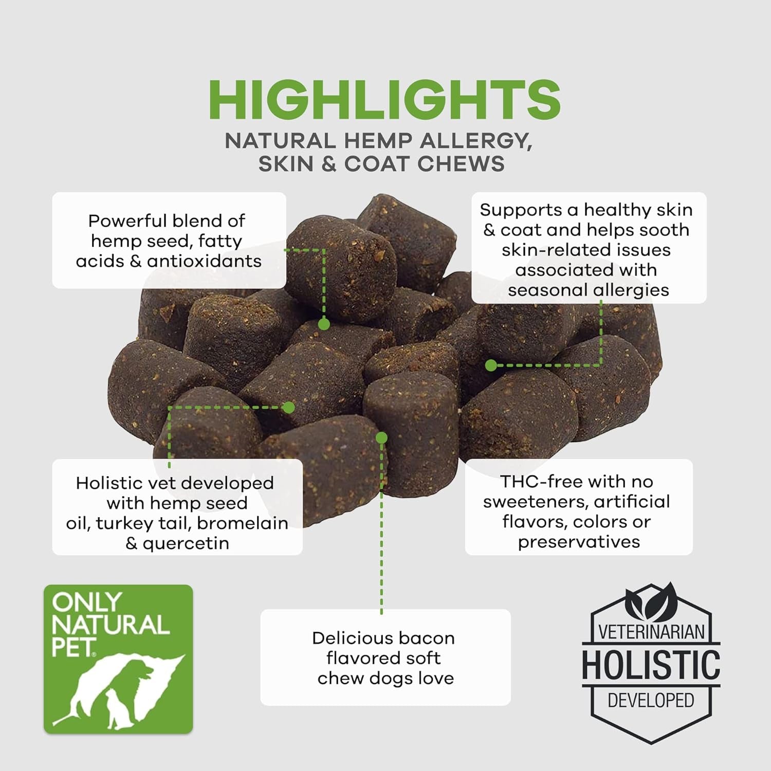 Only Natural Pet Allergy, Skin & Coat Hemp Soft Chews - Allergy Immune Bites for Dogs, Omega 3 Supplement, Calming Treats for Itchy Skin Relief, Hot Spot - (120 Count) (Al.)