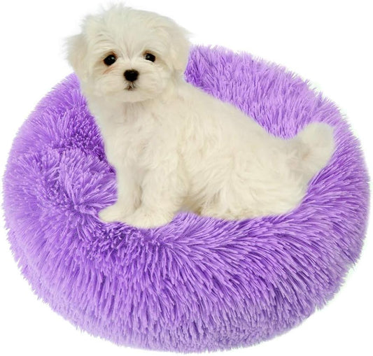 Otoez Kitten Puppy Bed Extra Small XS round Dog Cat Beds anti Anxiety Plush Pet Calming Donut Bed with Non-Slip Waterproof Bottom, Washable (15.7", Purple)