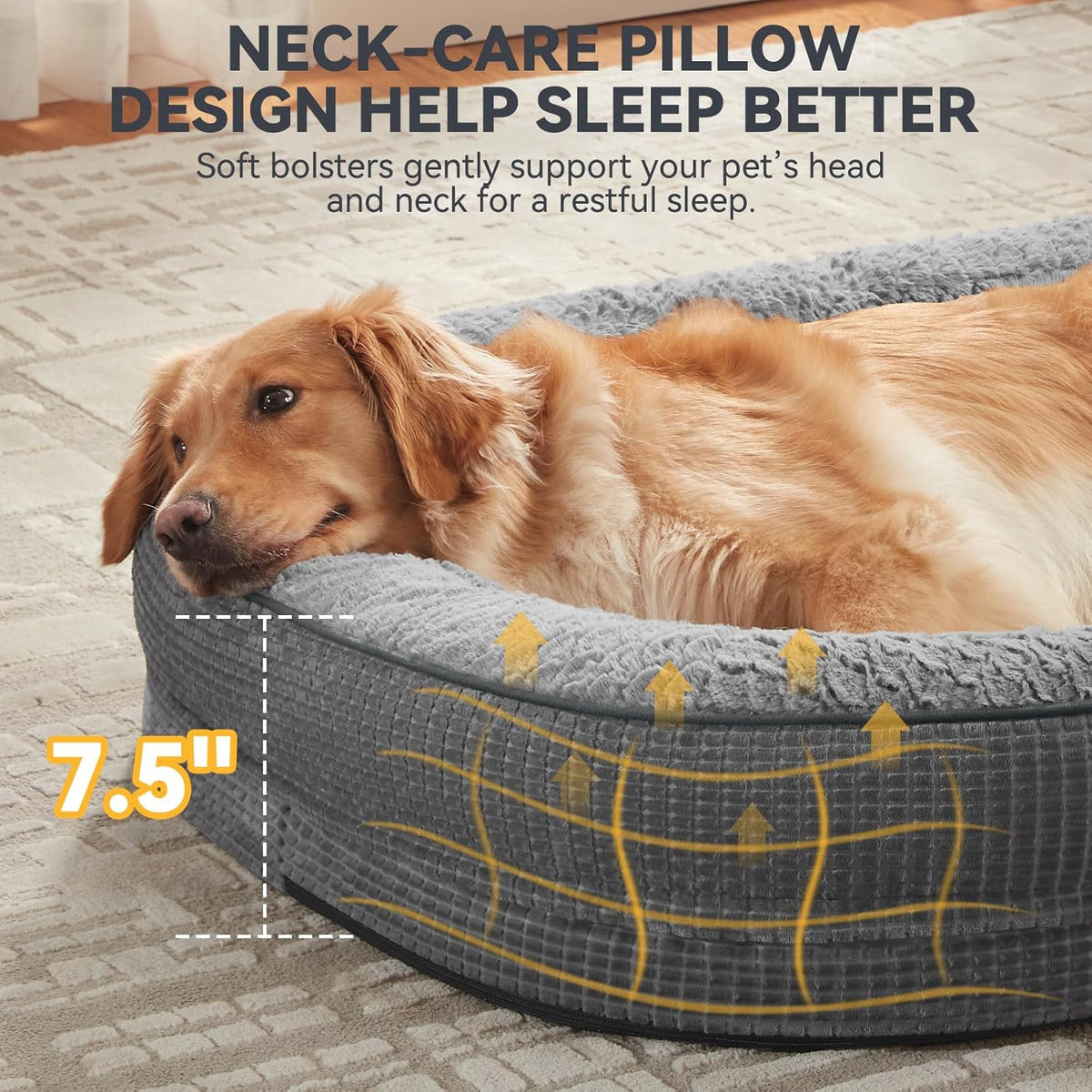 JOEJOY Orthopedic Dog Beds Large Sized Dog, XL Egg-Crate Memory Foam Pet Couch Bed with Bolster Sides, Waterproof Lining, Removable Washable Cover & Non-Slip Bottom, Grey
