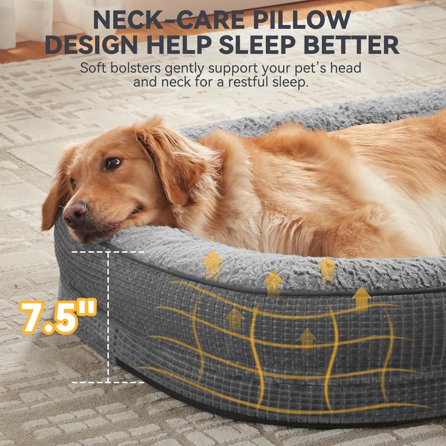 JOEJOY Orthopedic Dog Beds Large Sized Dog, XL Egg-Crate Memory Foam Pet Couch Bed with Bolster Sides, Waterproof Lining, Removable Washable Cover & Non-Slip Bottom, Grey