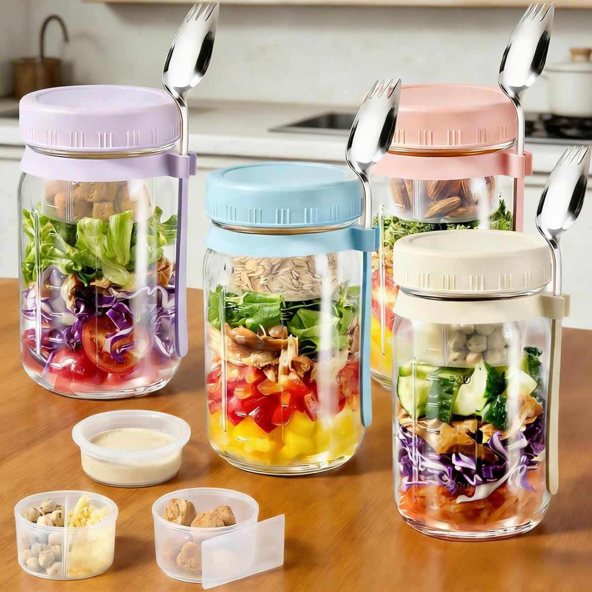 4 Pack 32Oz Glass Salad Mason Jar with Dressing Cup Lid Meal Prep for Lunch