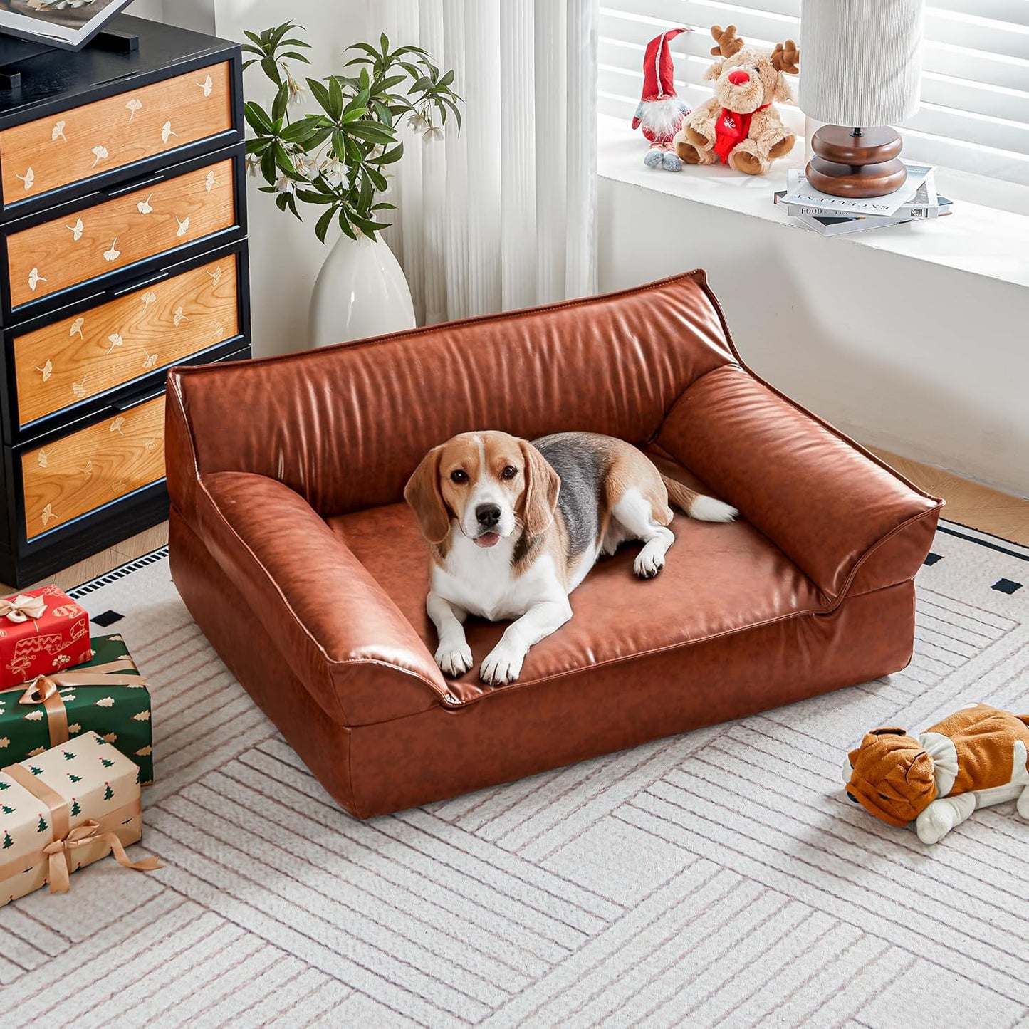 Large Leather Dog Bed Couch for Large and Medium Dogs under 70 Lbs, Brown Luxurious Vintage Elevated Dog Sofa Chaise Indoor Furniture Style Pet Supplies Low Maintenance