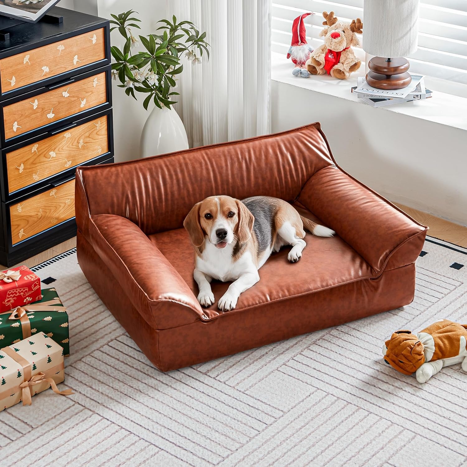 Large Leather Dog Bed Couch for Large and Medium Dogs under 70 Lbs, Brown Luxurious Vintage Elevated Dog Sofa Chaise Indoor Furniture Style Pet Supplies Low Maintenance