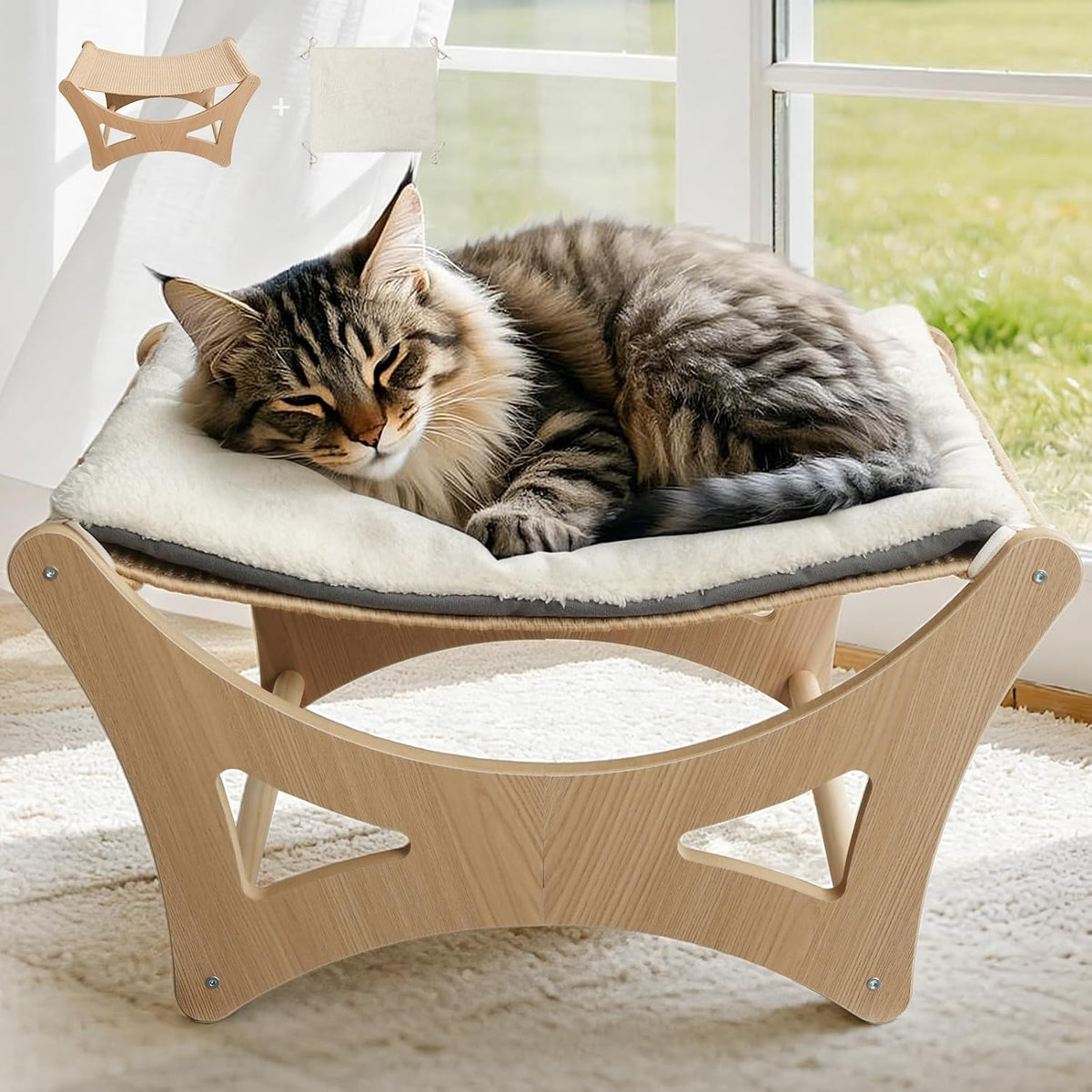 Cat Hammock Bed, Wooden Elevated Cat Beds with Natural Sisal Scratching Mat, Cats Scratcher Bed with Removable Soft Cushion, Cats Scratching Beds with Wood Frames, 22" L X 17.7" W