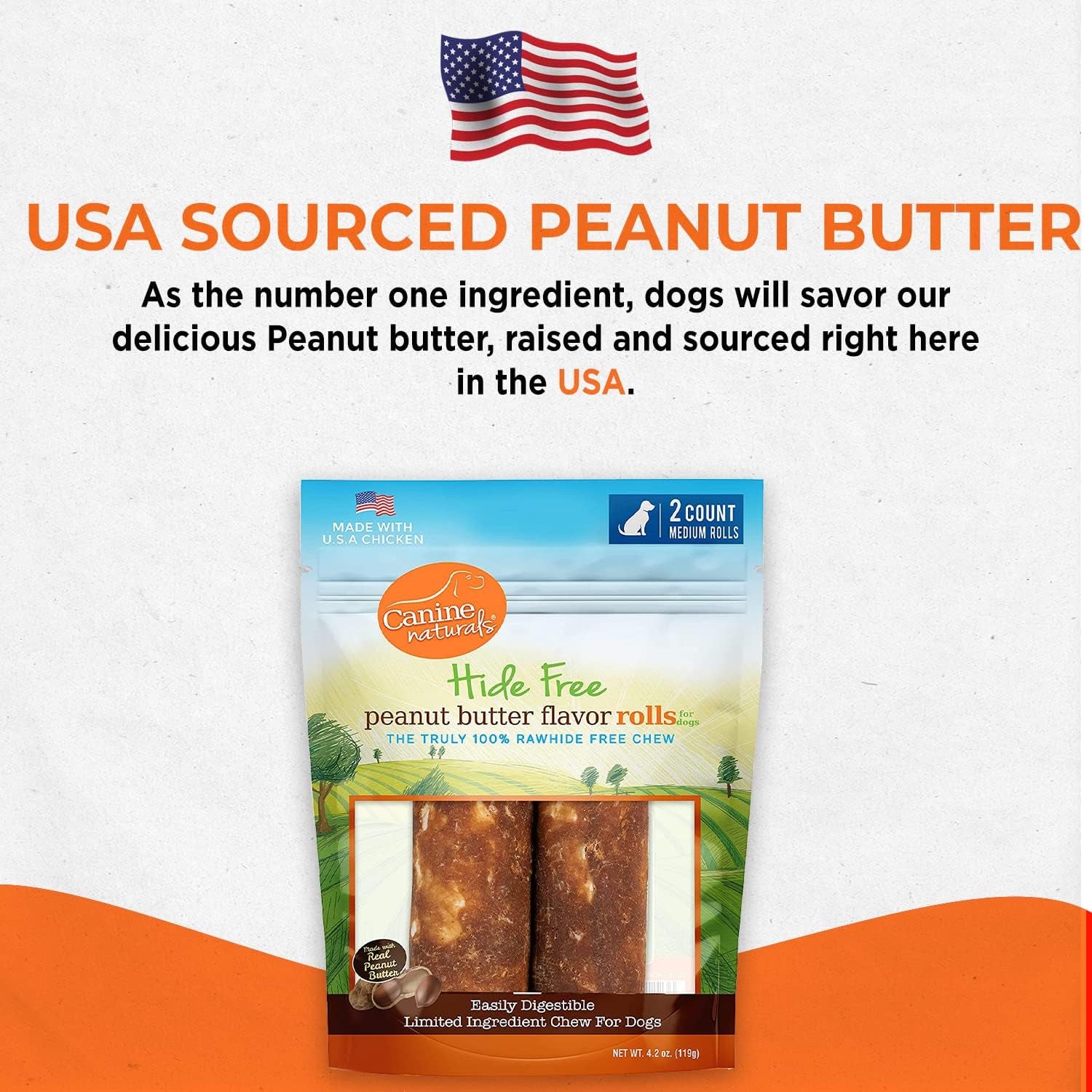 Canine Naturals Peanut Butter Chew - 100% Rawhide Free Dog Treats - Made with Real Peanut Butter - All-Natural and Easily Digestible - 2 Pack of 4 Inch Medium Rolls for Dogs 20-50Lb