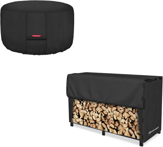Porch Shield 600D Fire Pit Cover 32 Inch Bundle with Waterproof Firewood Rack Cover 8Ft