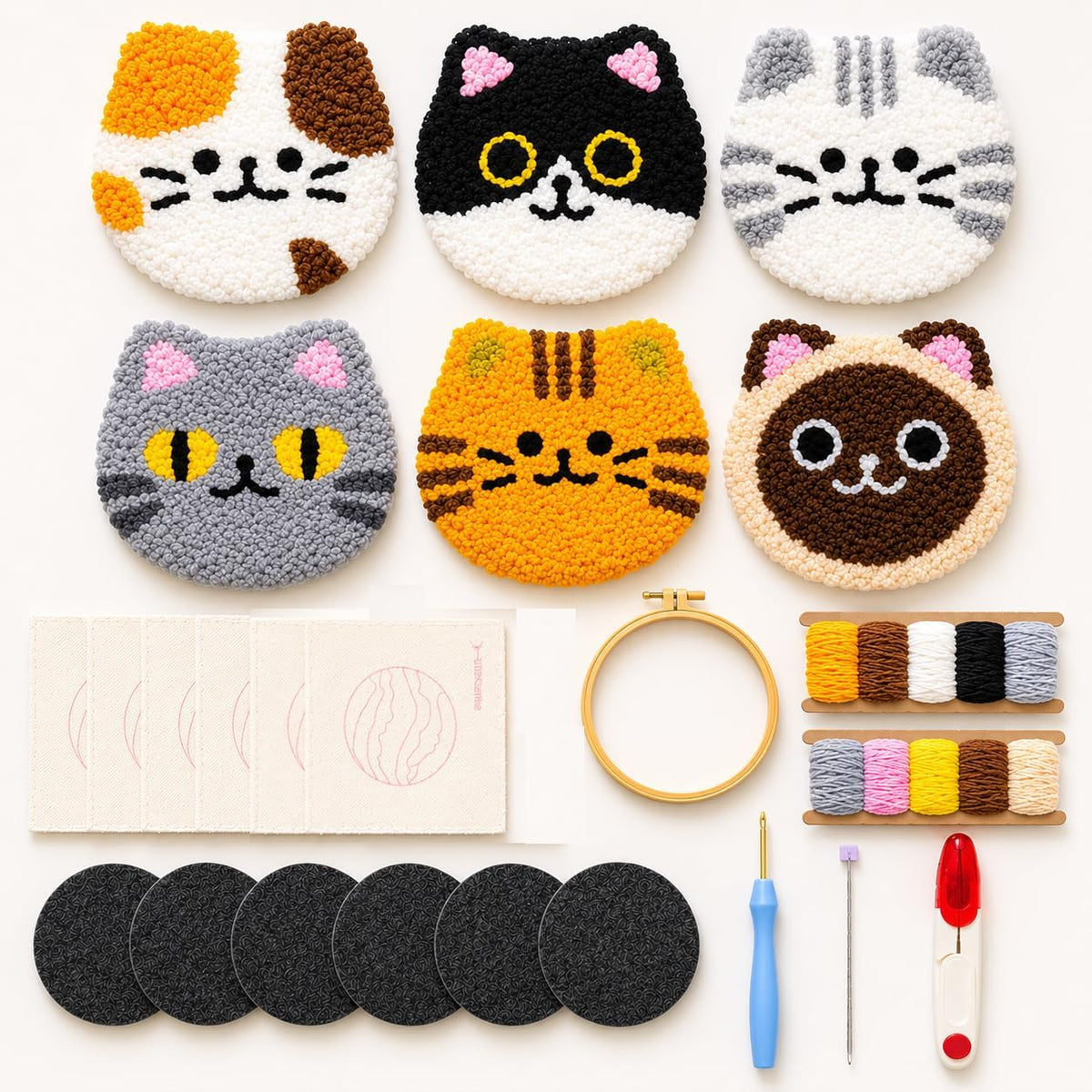 HGUANGJ Punch Needle Kit for Beginners Adults, Cat Coasters Kit with Adhesive Felt, Yarns, Embroidery Hoop for DIY Craft