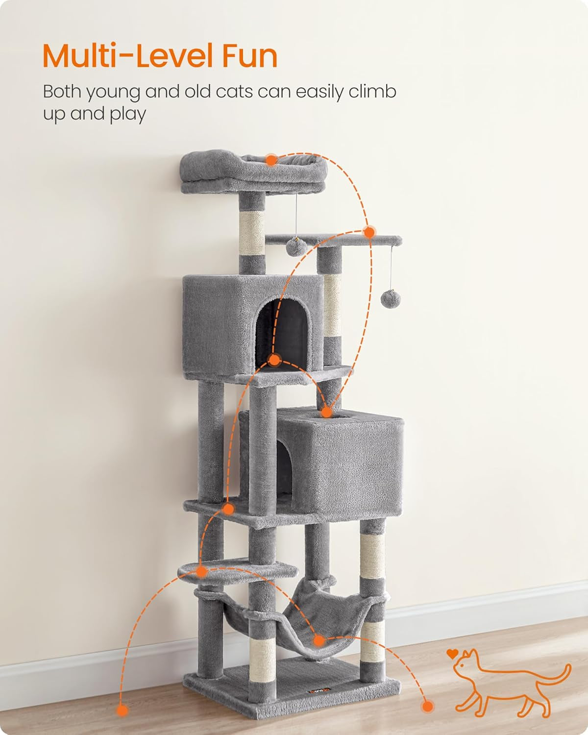 Feandrea Cat Tree, 59.5-Inch Tall Cat Tower, Plush Multi-Level Condo with 5 Scratching Posts, 2 Perches, 2 Caves, Hammock, 2 Pompoms, Light Gray UPCT192W01