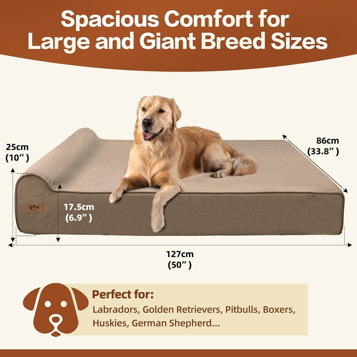 Sytopia XXL 35D Memory Foam Dog Bed for Extra Large Dogs – 7" Thick Orthopedic Pet Couch for Seniors and Big Breeds up to 150 Pounds, with Waterproof Liner & Washable Cover, 50"X 34"X 7", Brown