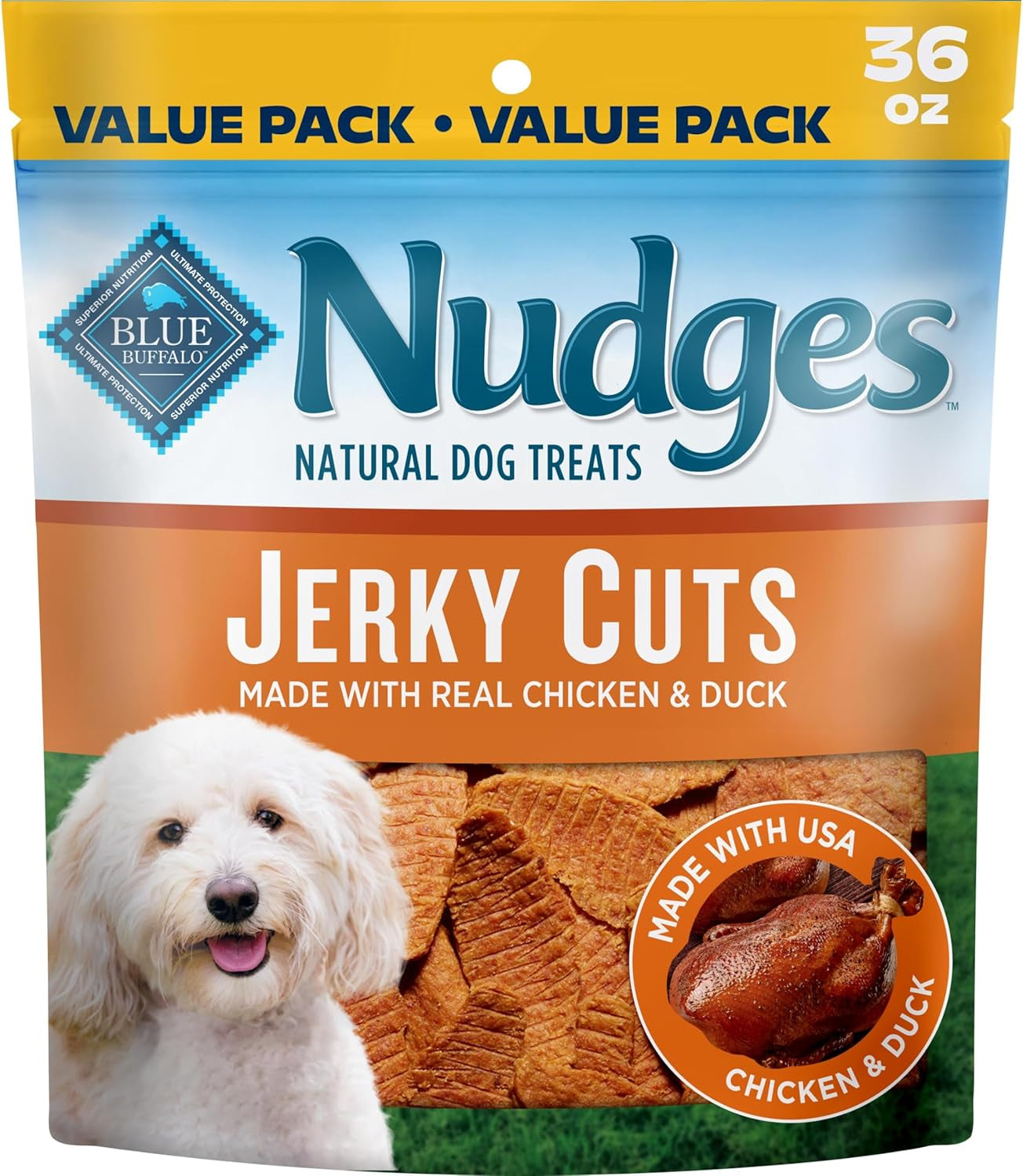Blue Buffalo Nudges Chicken & Duck Jerky Cuts Natural Dog Treats, Oven-Roasted, Healthy Reward or Training Treat, Made in the USA with Real Chicken & Duck, No Artificial Preservatives, 36 Oz.