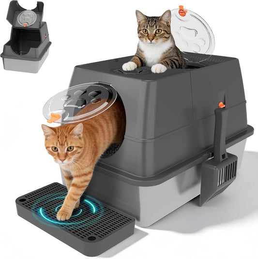 Stainless Steel Litter Box with Lid, XL Extra Large Cat Litter Box Enclosure, Front & Top Entry Covered Metal Cat Box with Steps & Scoop, Easy Cleaning