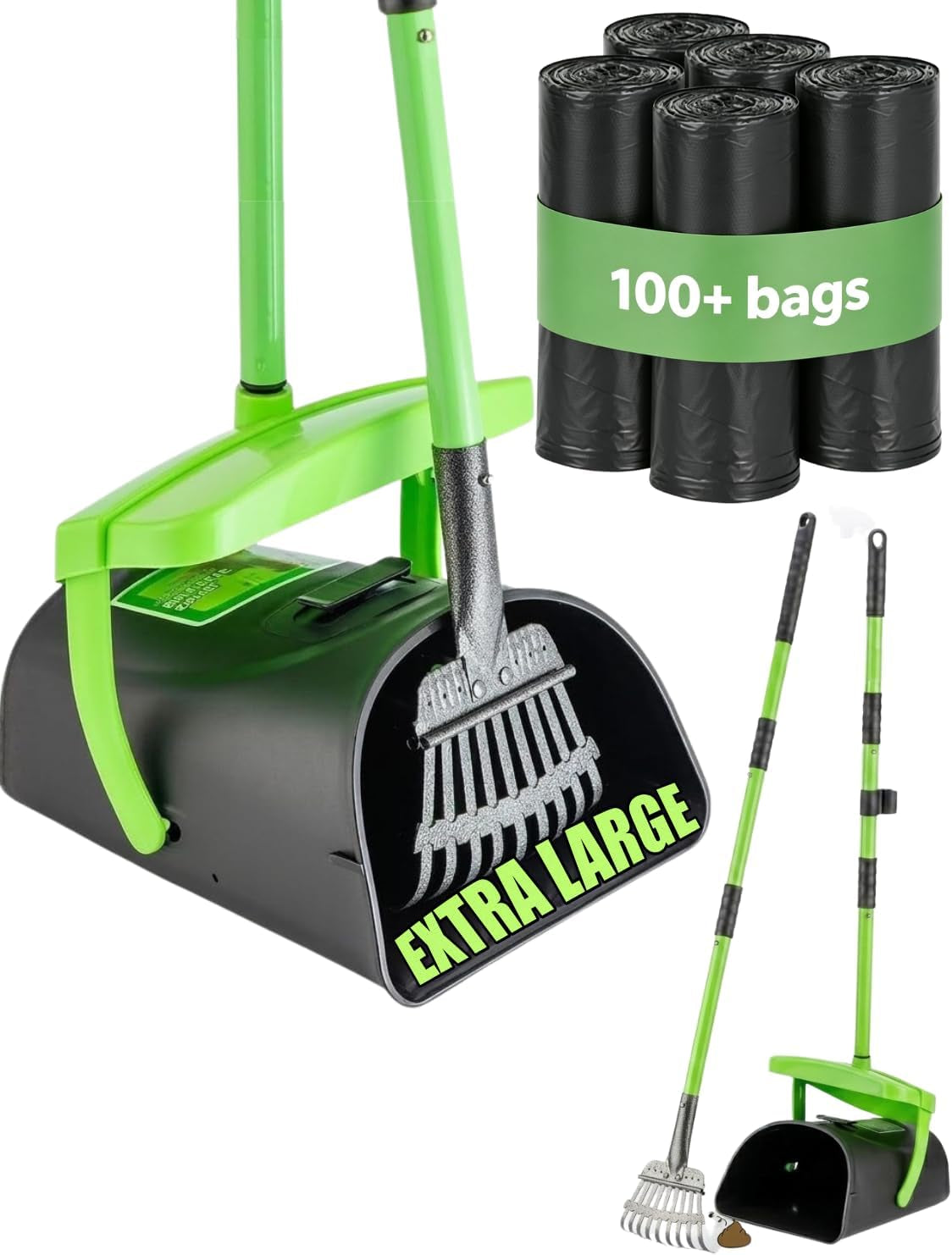 MXF 40.16" Pooper Scooper Set – Swivel Bin & Rake Kit with 100 Waste Bags