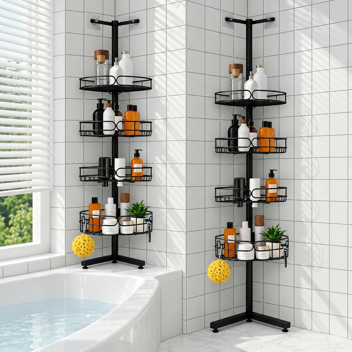 Standing Shower Caddy Corner, 4-Tier Adjustable Height Bathroom Organizer, 6-Section Pole, Sturdy Floor Standing Shelf for Shower – No Drilling, No Spring Tension
