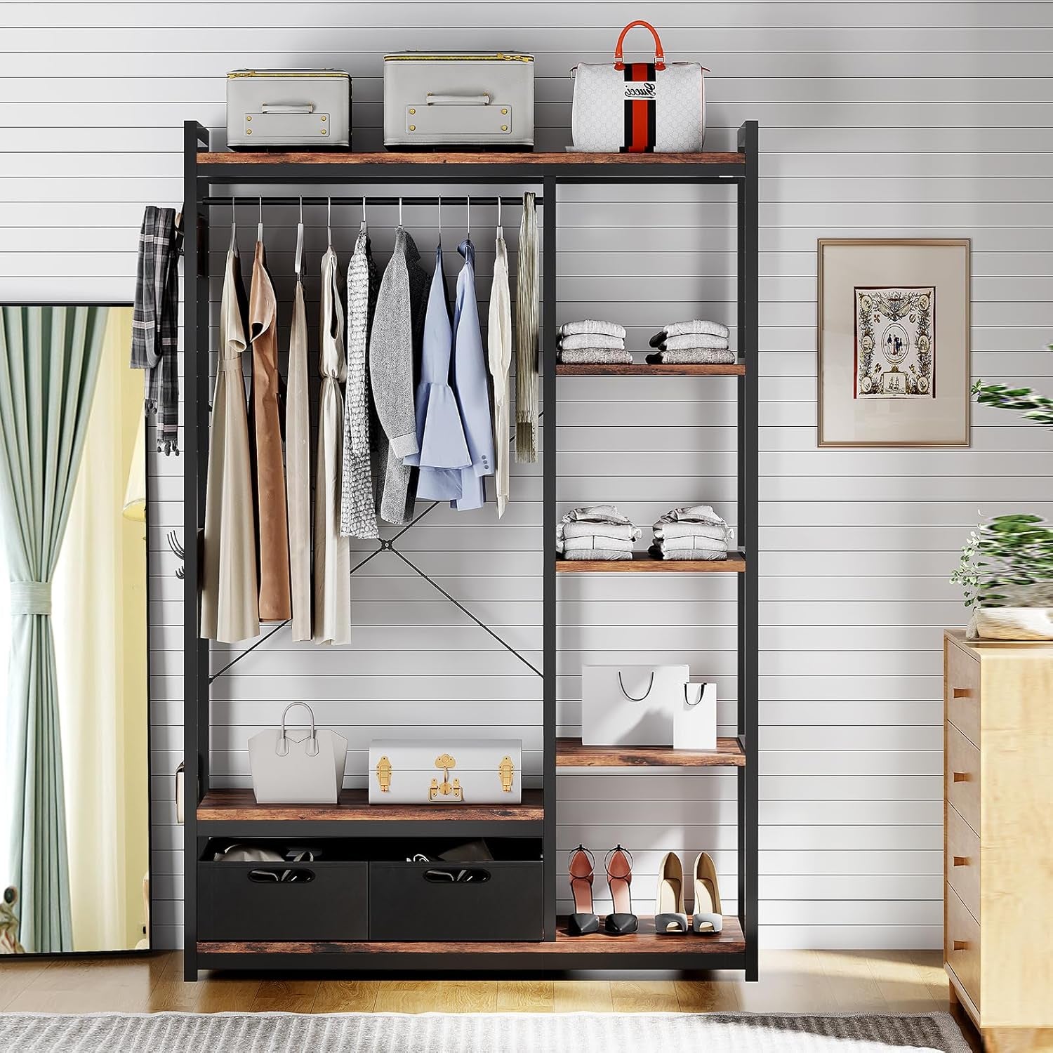 Clothes Rack, Heavy Duty Garment Rack for Clothes, Industrial Clothing Racks with Shelves, 2 Fabric Drawers and 6 Side Hooks, Freestanding Metal Wooden Closet Organizer, Rustic Brown ZER-010