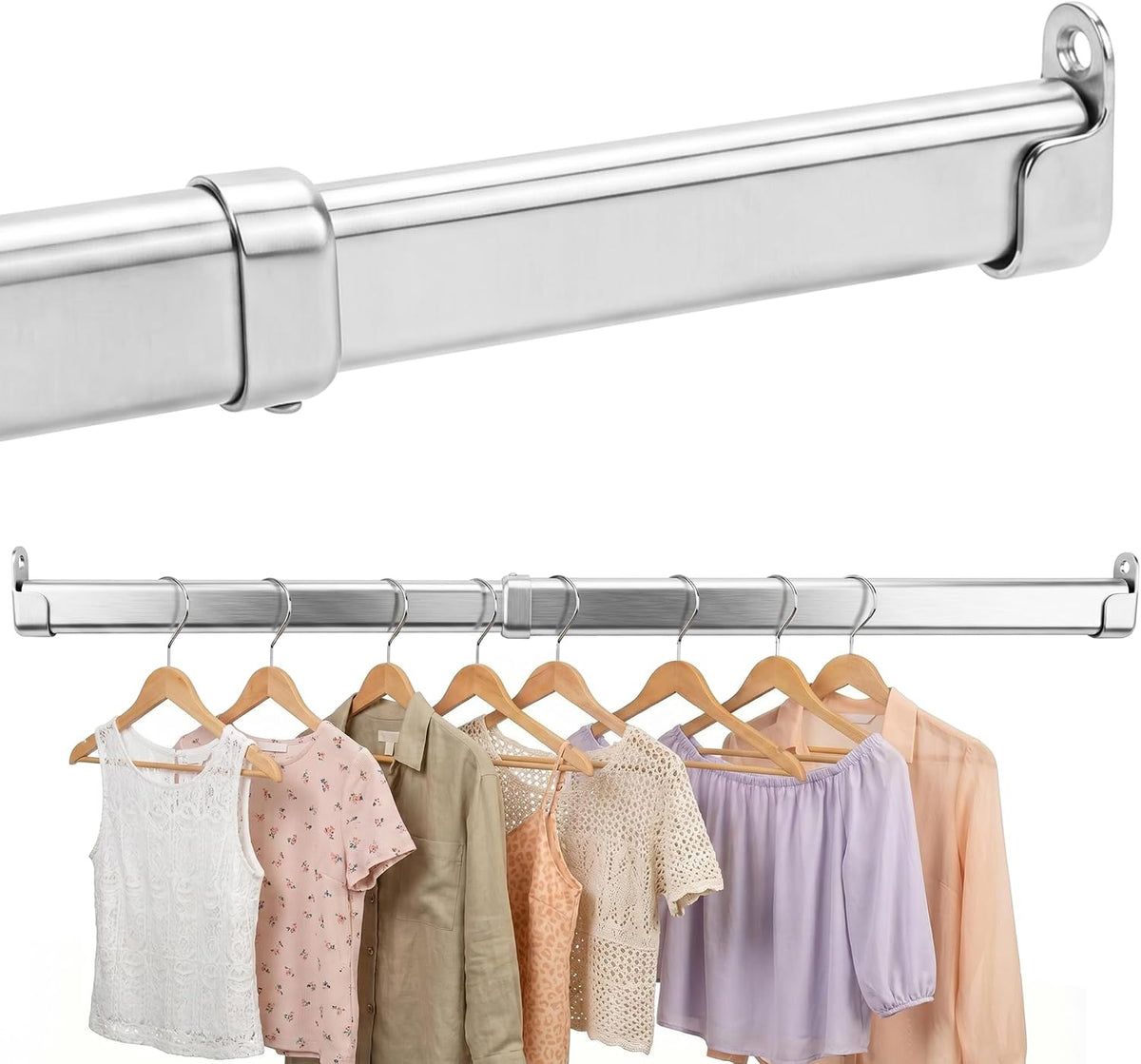Oval Closet Rods for Hanging Clothes, 20 to 35 Inches Stepless Extendable Stainless Steel Closet Pole, Heavy Duty Clothes Rod for Closet Wardrobes Laundry RV, Chrome