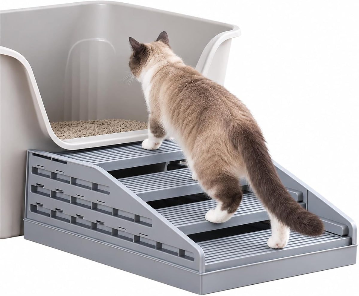 Foldable Litter Box Step, Height Adjustable Cat Stairs for Litter Box, Grey