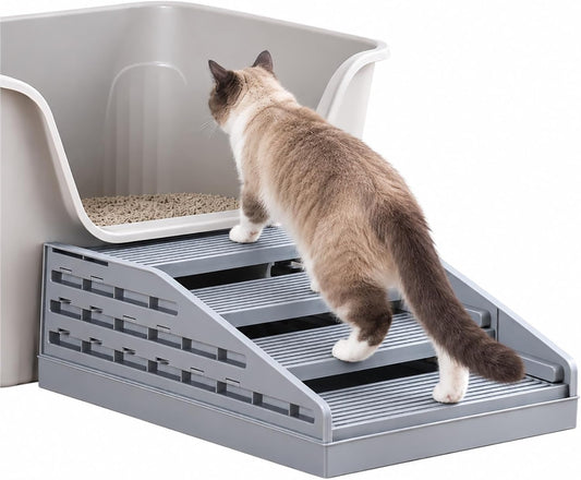 Foldable Litter Box Step, Height Adjustable Cat Stairs for Litter Box, Grey