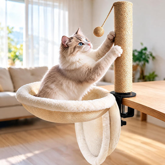 Desk Cat Bed One-Click Foldable with Scratching Post, Space-Saving Cat Bed