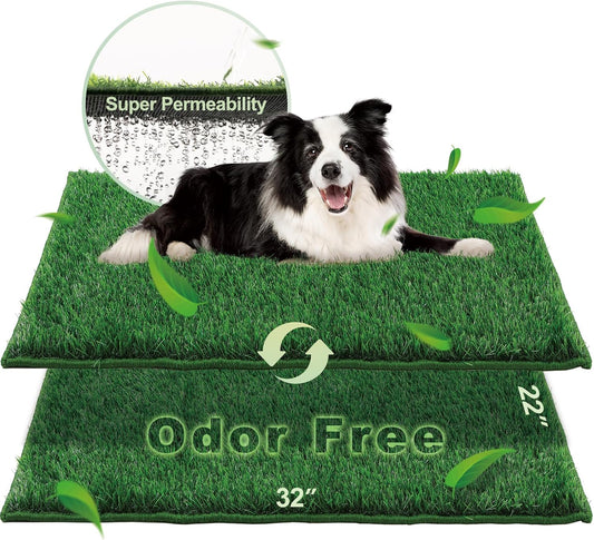 HQ4US 4LEGS Artificial Grass, Dog Pee Grass Pads for Dogs Potty, 2PCS Odor Free Fake Grass for Dogs Large 32’’×22’’ with Countless Drainage Holes, Dog Potty Grass Hemmed Edge Realistic
