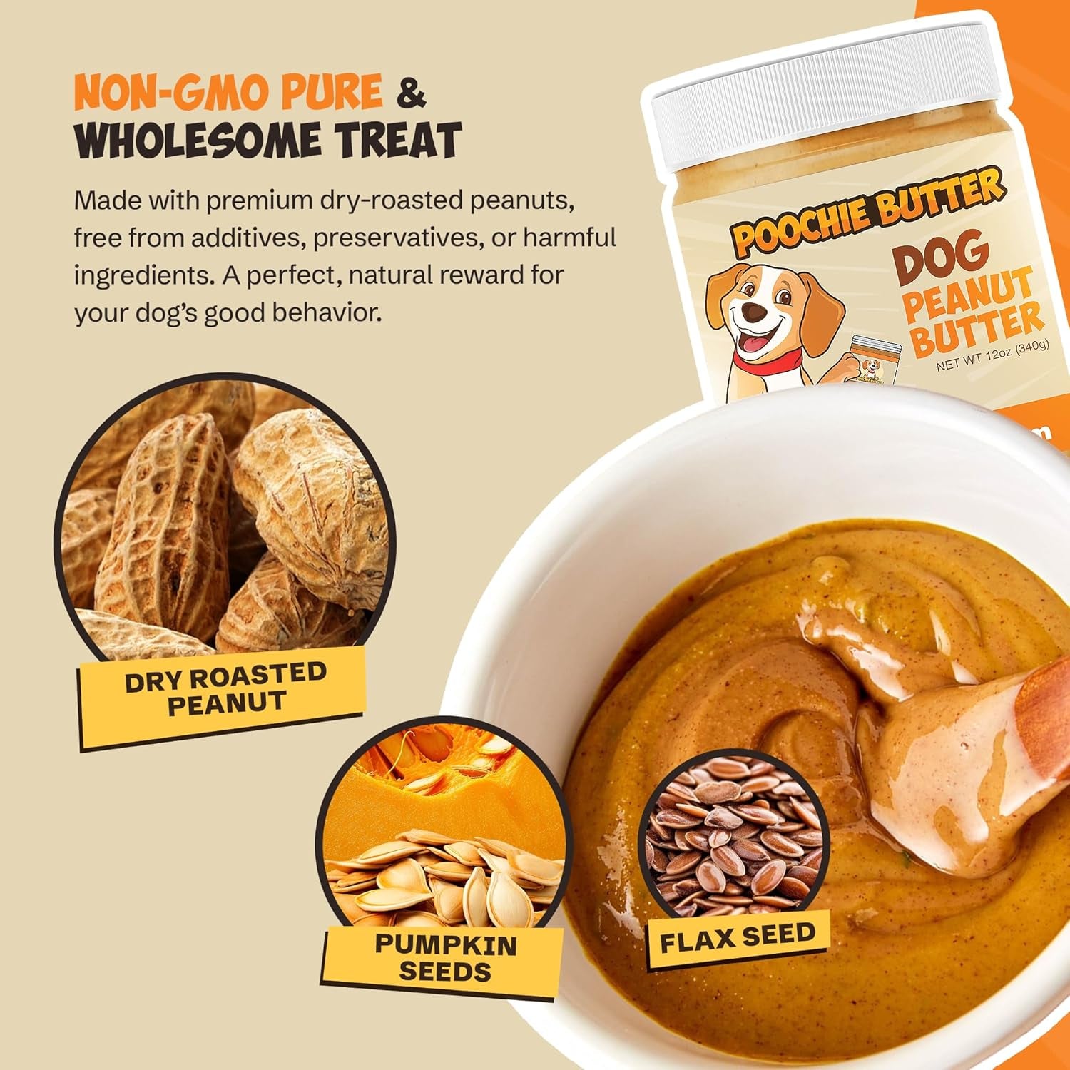 Poochie Butter Natural Dog Peanut Butter - Made in USA Healthy, Creamy Peanut Butter Spread for Lick Mats & Food Toppers - Dry-Roasted Peanuts Non-Gmo No Sugar Added Dog Treats - 12 Oz (Pack of 1)