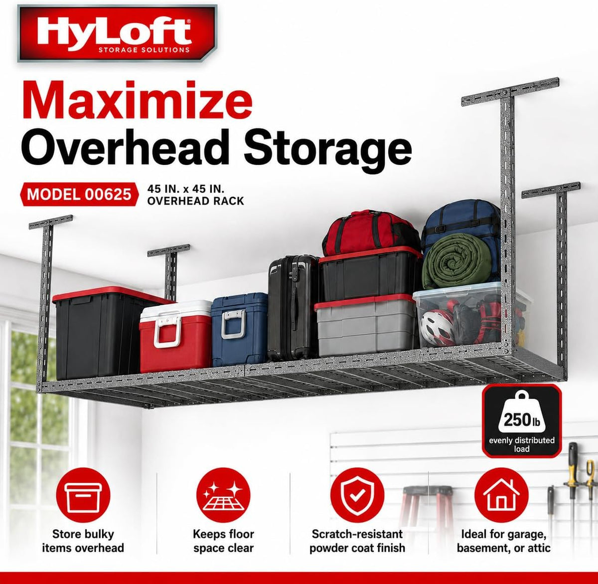 Hyloft Overhead Steel Garage Storage System, Ceiling Rack, 45-Inch X 45-Inch, 00625, Hammertone