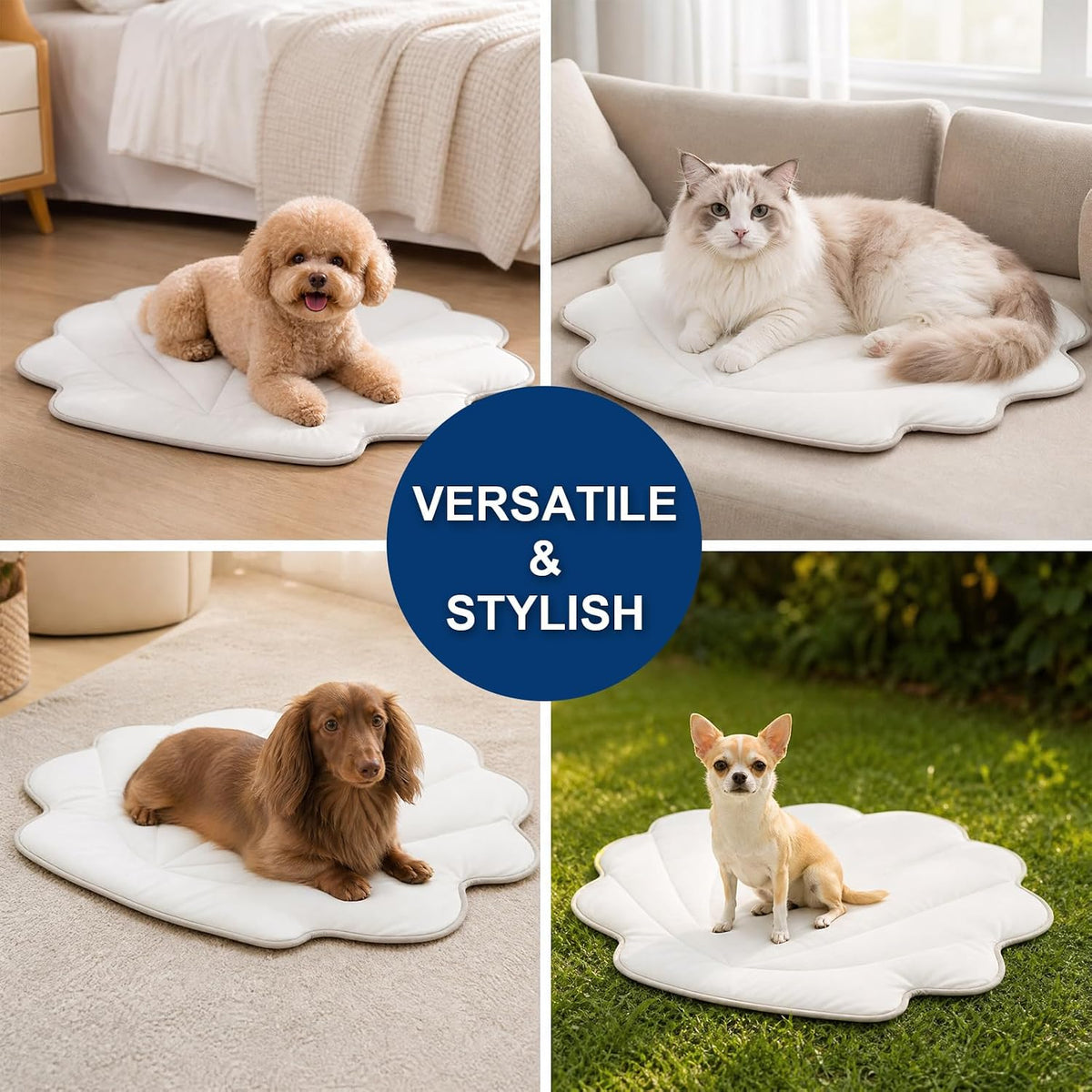 Shell Shaped Pet Cooling Mat, Milky White 30" X 34" Washable Foldable Breathable Dog Pad for Indoor Outdoor Crate Travel