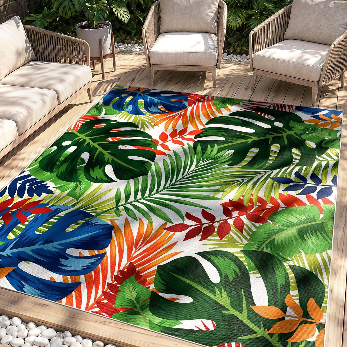 Arenarug 6X9 Monstera Tropical Outdoor Rug Waterproof, Colorful