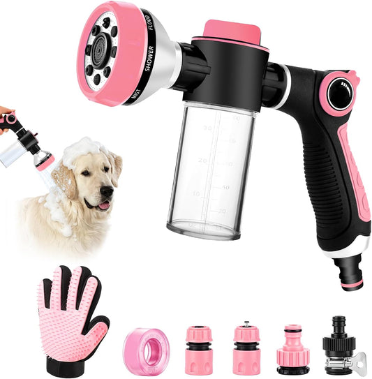 Premium Dog Washing Hose Attachment, Dog Shower Attachment with Pet Grooming Glove, 8-In-1 Sprayer Garden Hose Nozzle with Soap Dispenser Bottle for Garden, Pet Shower and Car Wash