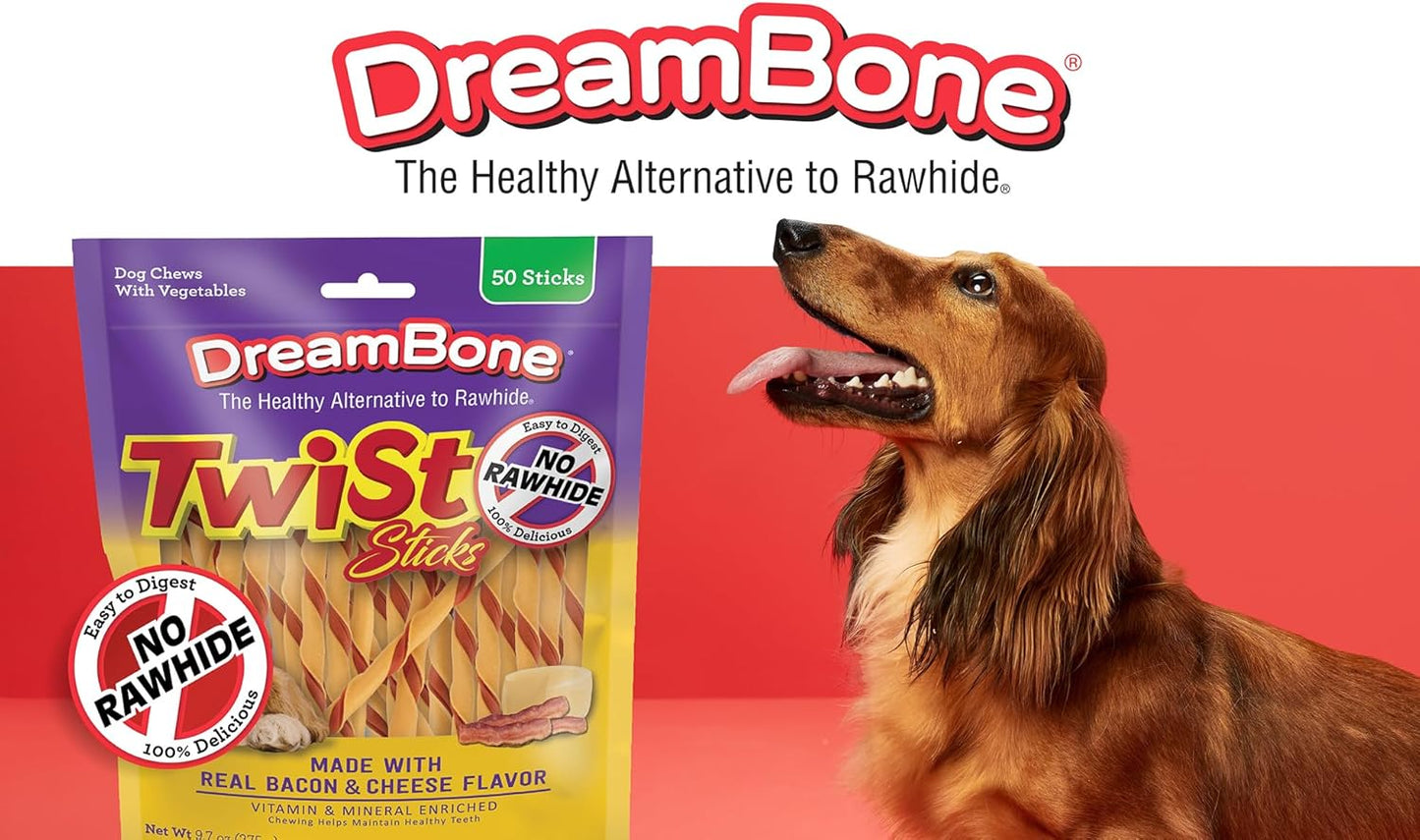 Dreambone Twist Sticks, Made with Real Bacon and Cheese Flavor, Rawhide-Free Chews for Dogs, 50 Count