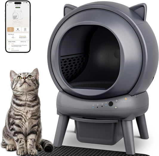 Automatic Self Cleaning Litter Box, Cat Litter Box, Robot Litter Box | APP Control, 65L Globe, Dual Safety Sensors, 1 Roll Garbage Bags, Litter Mat, <35DB, Grey
