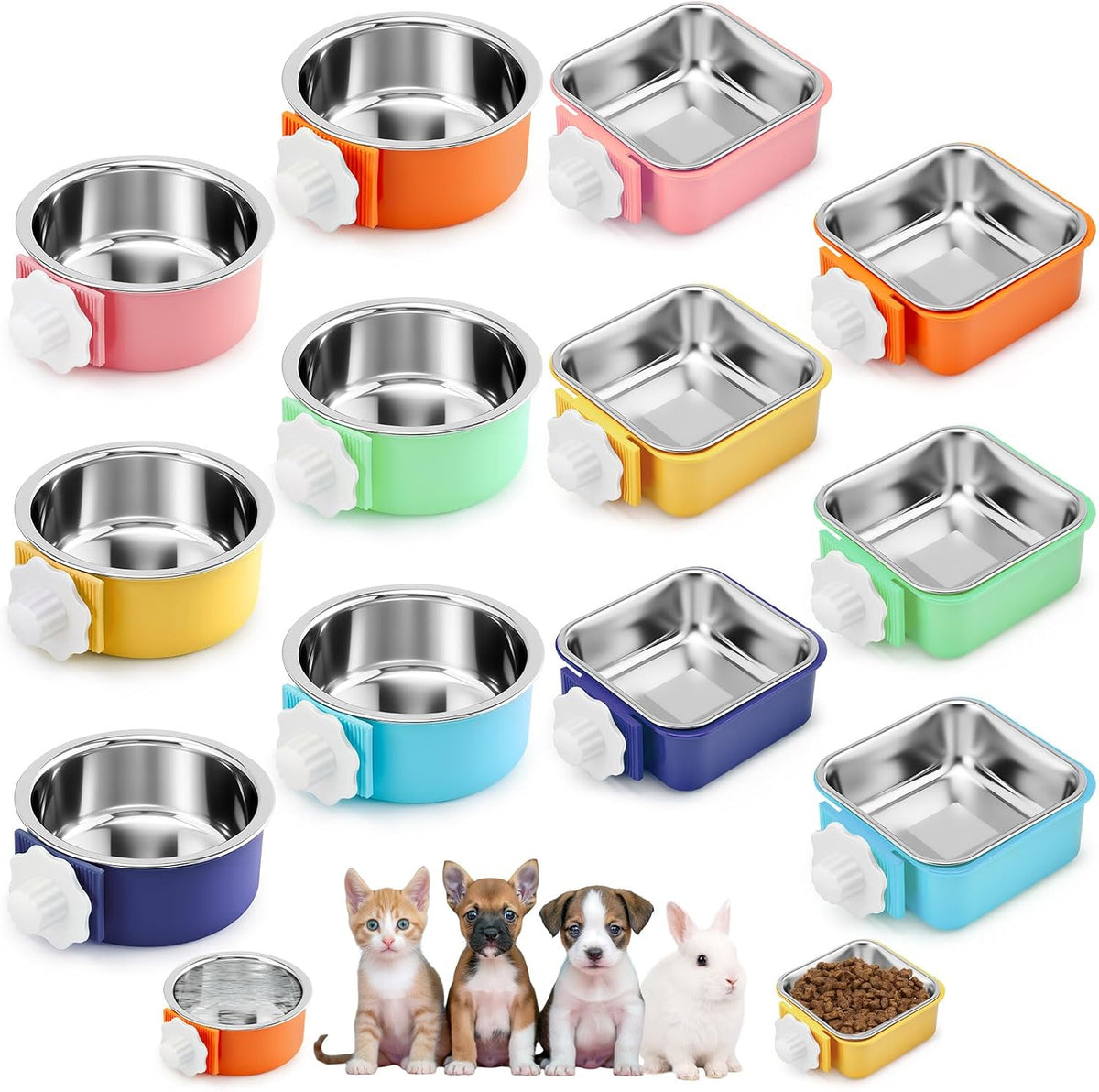 Lemonroad 12 Pcs Dog Rabbit Crate Water Bowls Bulk, Hanging, Mixed Style