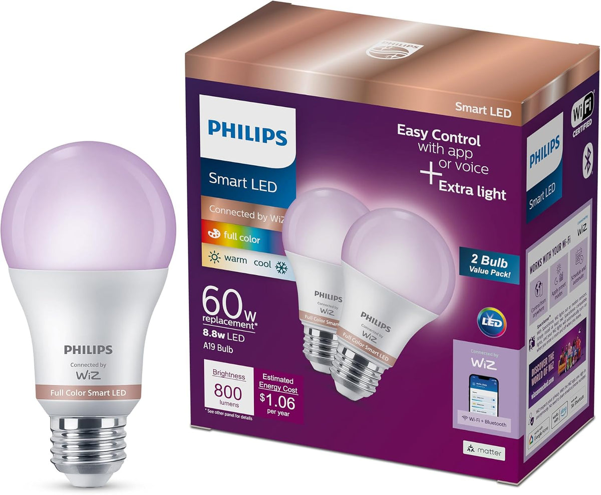 PHILIPS Smart Lighting Connected Light Bulbs, 2-Pack, Color A19 60W 800LM E26 Indoor LED Lights, Smart Bulbs with Motion Detection, Control with Voice or App