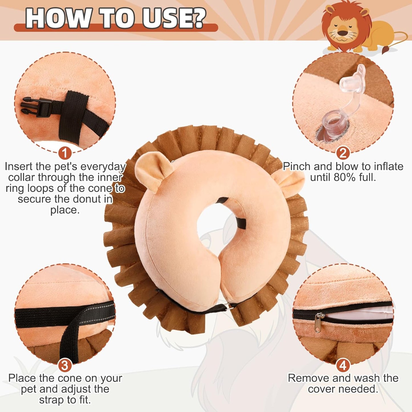KOOLTAIL Inflatable Dog Cone Collar, Soft Donut E Collar for Dogs after Surgery to Stop Licking Enhanced Alternative, Blow up Pet Neck Pillow Recovery Adjustable Cone for Dog Cat, Lion M