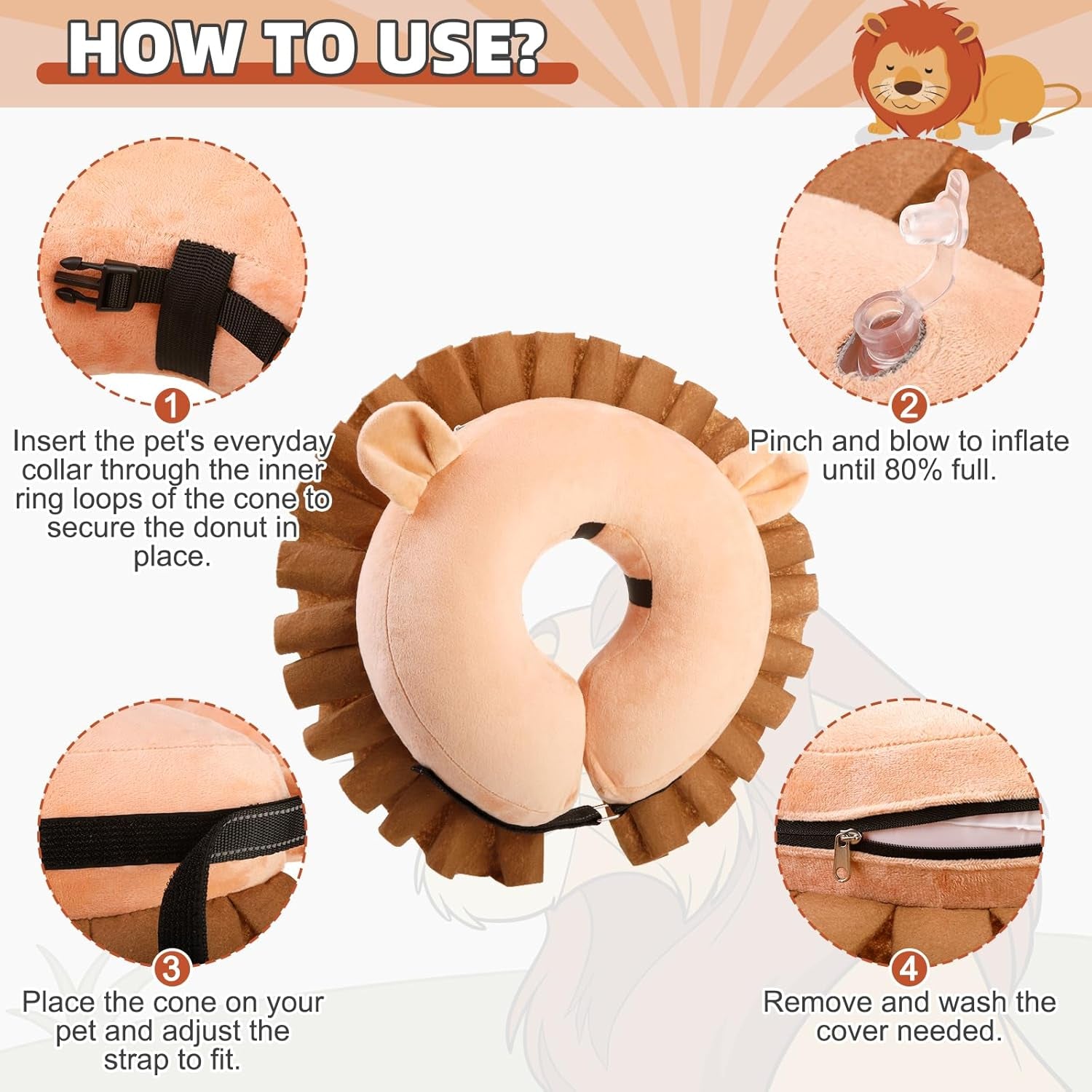 KOOLTAIL Inflatable Dog Cone Collar, Soft Donut E Collar for Dogs after Surgery to Stop Licking Enhanced Alternative, Blow up Pet Neck Pillow Recovery Adjustable Cone for Dog Cat, Lion M