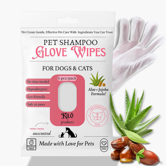KIL Pet Shampoo Glove Wipes for Dogs & Cats - Hypoallergenic Bath Gloves with Aloe & Jojoba - No Rinse Needed - Deodorizing & Grooming - 6Ct Travel Pack
