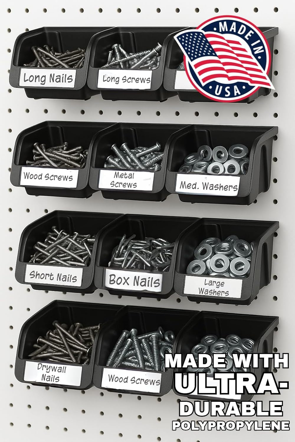 Black Pegboard Bins – 12 Pack Small and Large Part Storage Garage Organizer