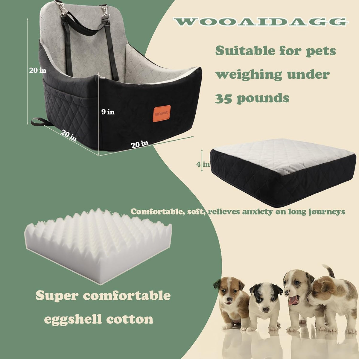 WOOAIDAGG Dog Car Seat for Medium Sized Dog,Pet Travel Car Bed with Seat Belt Channle,Fully Detachable and Washable Car Dog Seat with Adjustable Straps,3 Straps Easy to Install (Black/Grey)