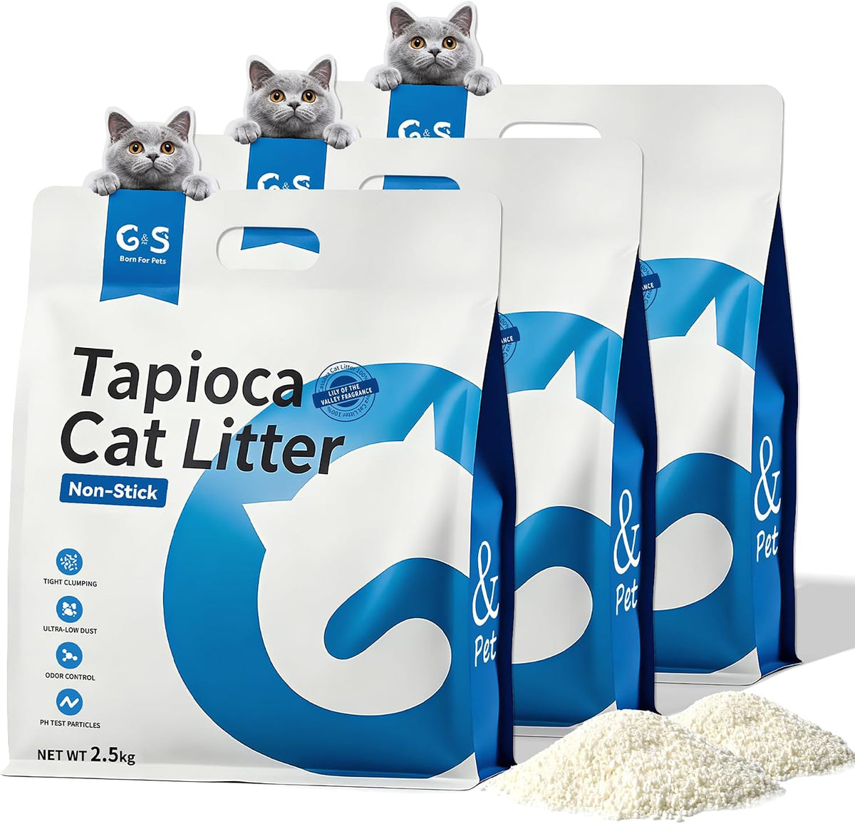 G&S Upgrade Tapioca Cat Litter – Rapid Clumping, 99.9% Dust-Free, PH Health Test Indicator, Automatic Litter Box Friendly, Non-Stick, Odor Control, 5.5Lb × 3 Bags
