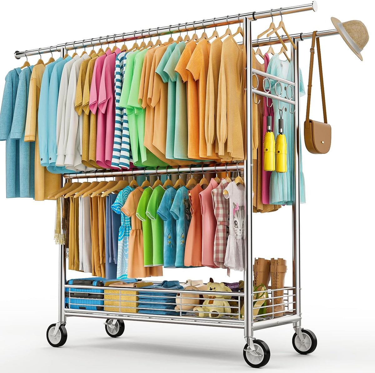 Heavy Duty Clothes Rack Load 960LBS, Three Rods Rolling Clothing Racks for Hanging Clothes, Rolling Garment Rack with Sturdy Wheels Shelves Hooks, Portable & Adjustable Commercial Garment Rack, Silver