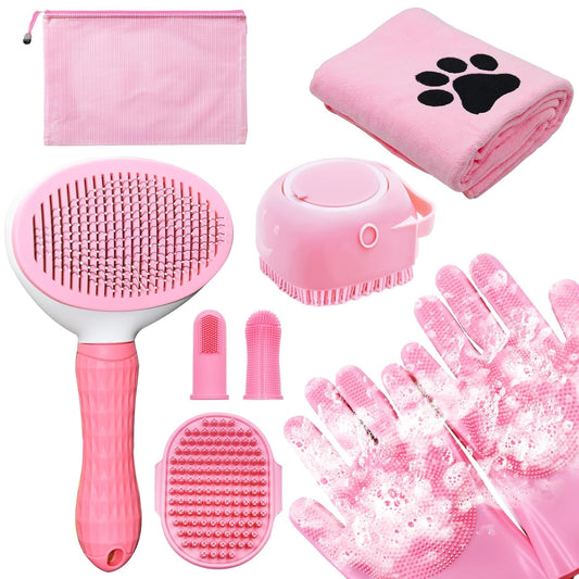 Dog Grooming Kit for Shedding – 8-Piece Pet Grooming Supplies with Deshedding Brush, Bath Gloves, Towels & Silicone Toothbrush | Ideal for Dogs, Cats, Small and Large Pets (Pink)