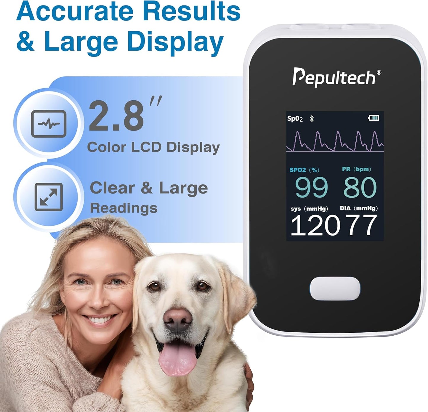 Bluetooth Veterinary Patient Monitor,Track Spo2 & Blood Pressure & Pulse Rate for Home Pet Care, 2.8Inch Display and Free App,Dog Pulse Oximeter for Famlily Clinic Use (AM6200A)