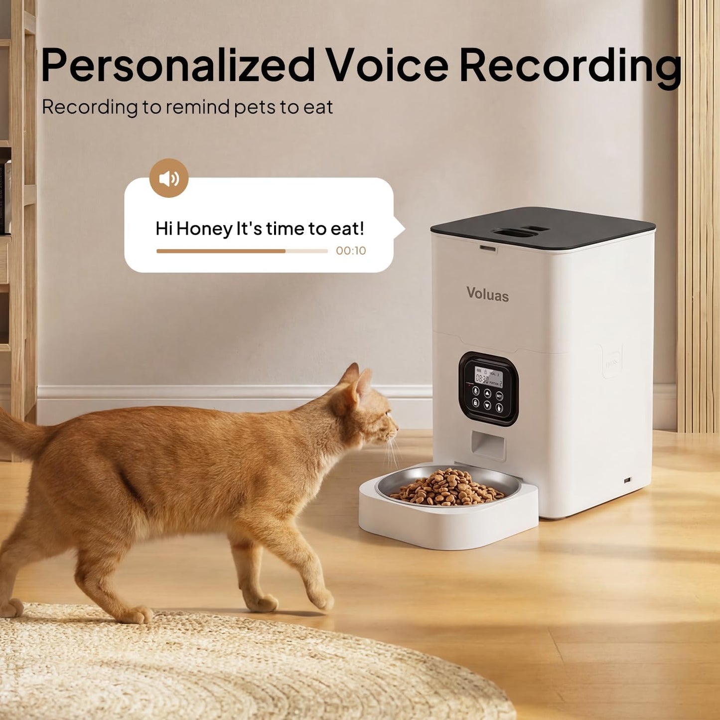 VOLUAS Automatic Cat Feeders - Timed Pet Feeder for Cats and Dogs with Dry Food Dispenser, Desiccant Bag, Programmable Portion Control, 4 Daily Meals, 10S Voice Recorder