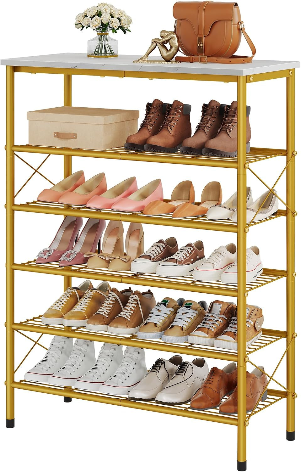 Tajsoon 6 Tier Shoe Rack for 20-24 Pairs of Shoes, White & Gold
