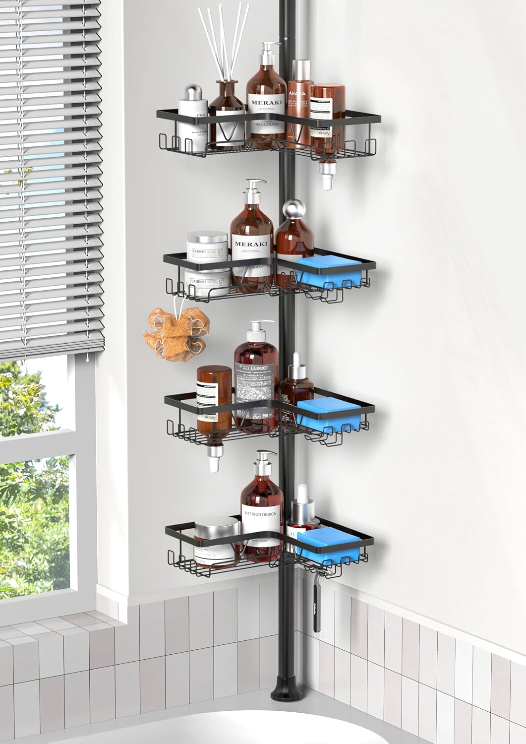 ZUNTO Shower Caddy Corner for Bathroom, Tension Pole, Adjustable 25In-114In Floor to Ceiling, Standing Shower Tension Rod Organizer with Hooks, 4 Tier Storage Shelves, Matte Black
