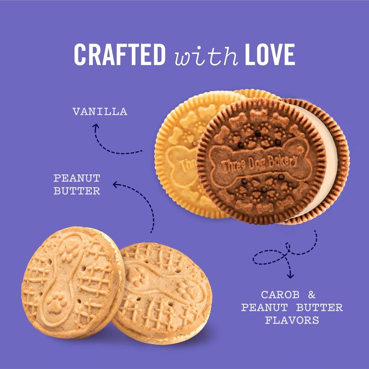 Three Dog Bakery Lick'N Crunch! Sandwich Cookies Variety Pack Premium Treats for Dogs, Carob/Peanut Butter, Golden/Vanilla, & Pupper Butters, 37.8 Ounces, 3-Pack