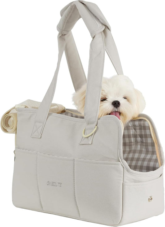 ONECUTE Dog Purse Carrier for Small Dogs Rabbit Cat with Large Pockets, Cotton Bag, Dog Carrier Soft Sided, Collapsible Travel Puppy Carrier (Grey, 13.6" L X 6.5" W X 10" H)