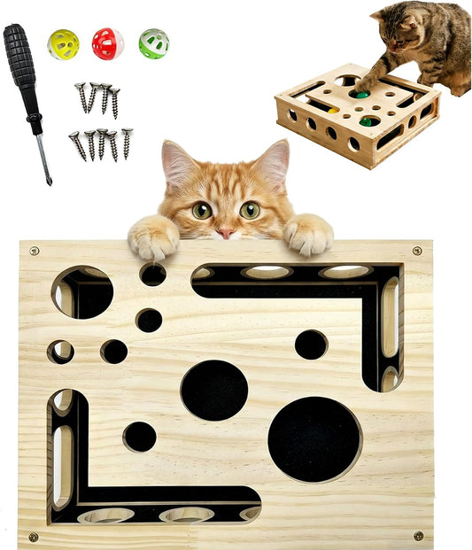 Cat Nail File Scratcher, Cat Scratch Puzzle Enrichment Box with Sandpaper inside for Cat Claw Care, Stress-Free Trimming Nails, Puzzle Feeder Cat Toys Interactive for Indoor Cats (With Bell Balls)