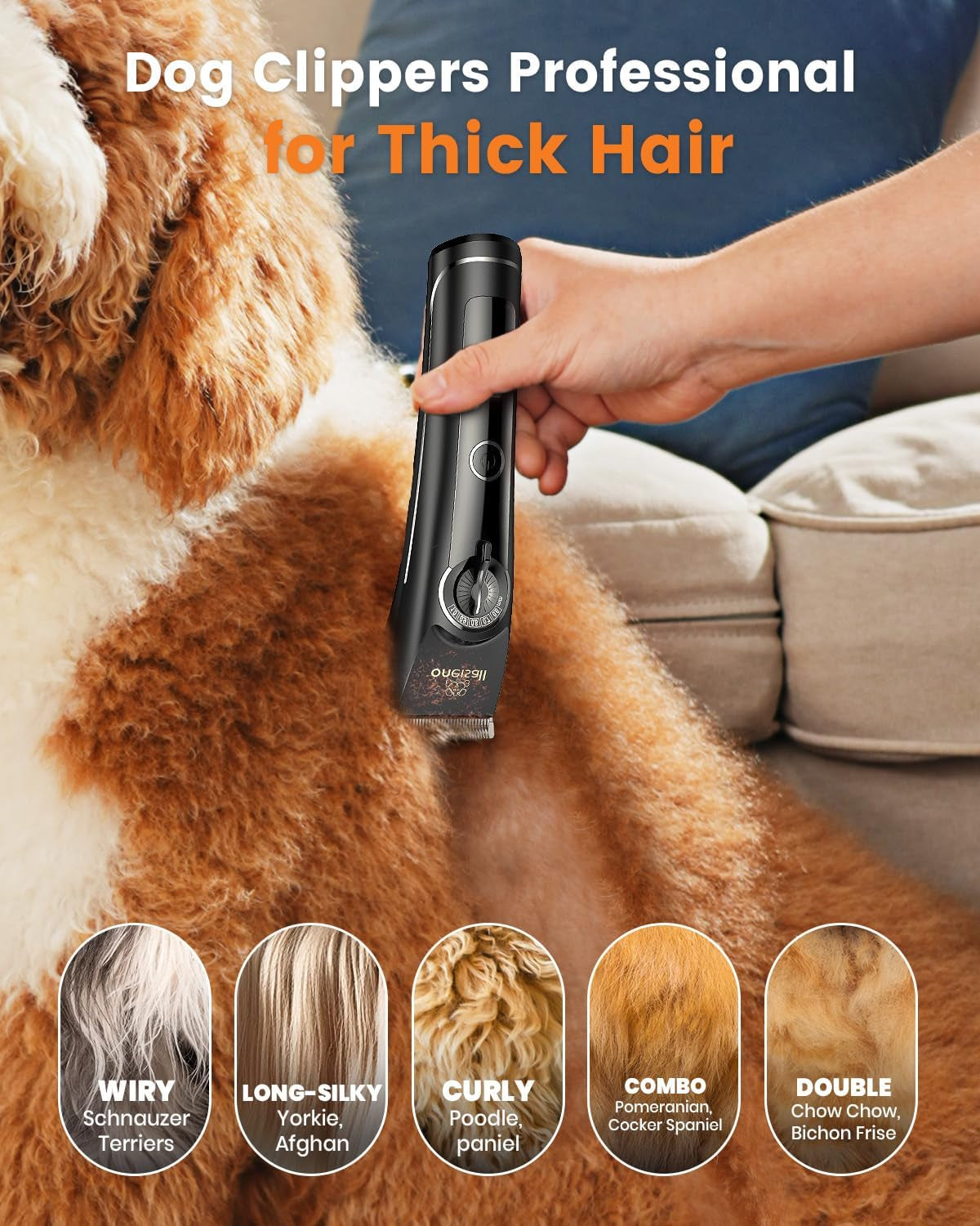 Oneisall Dog Clippers for Grooming Doodles Poodles Thick Curly Hair,Low Noise Heavy Duty Dog Grooming Kit with Detachable Metal Blades